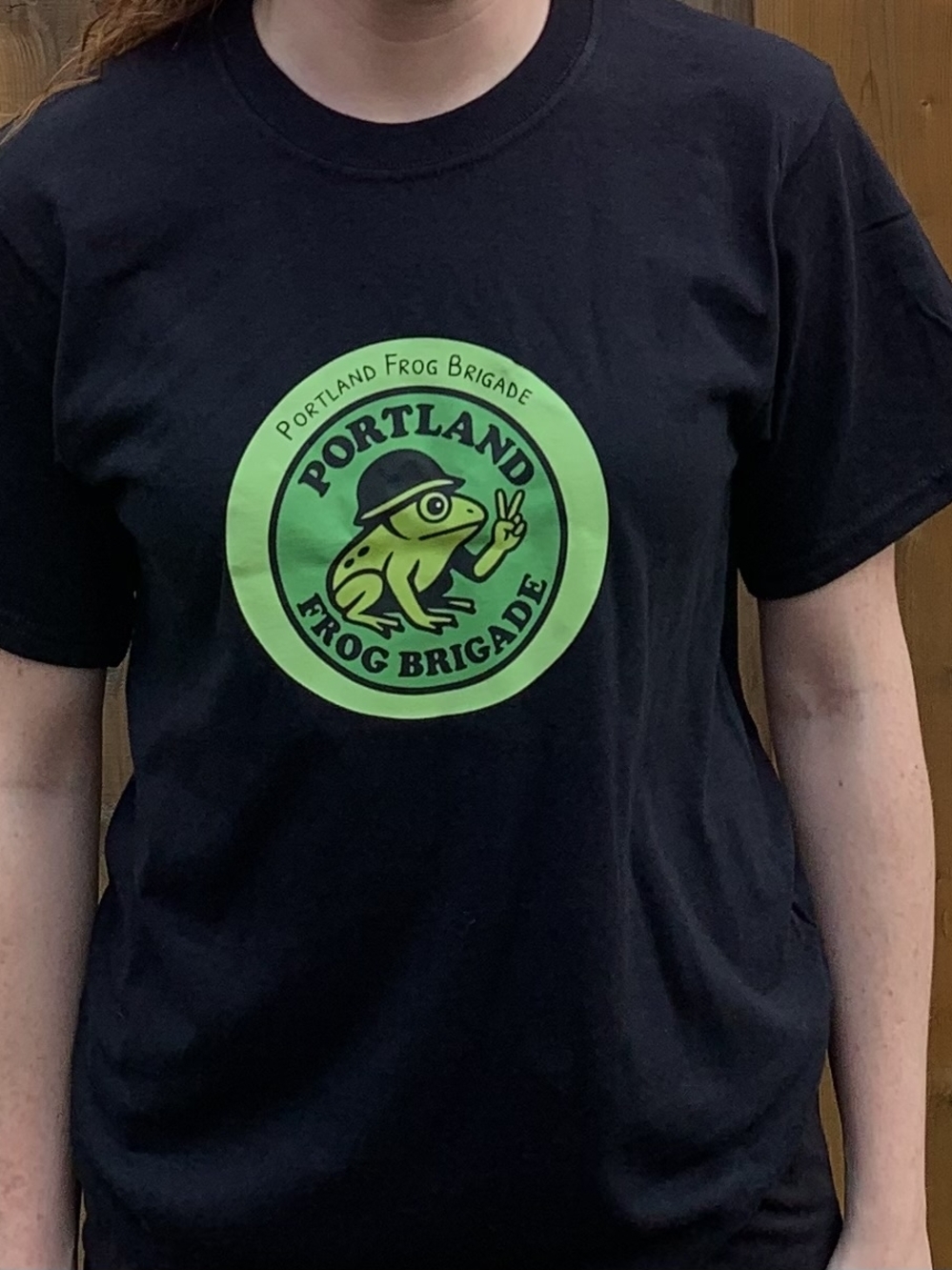 Portland Frog Brigade Black T-Shirt with Green Logo